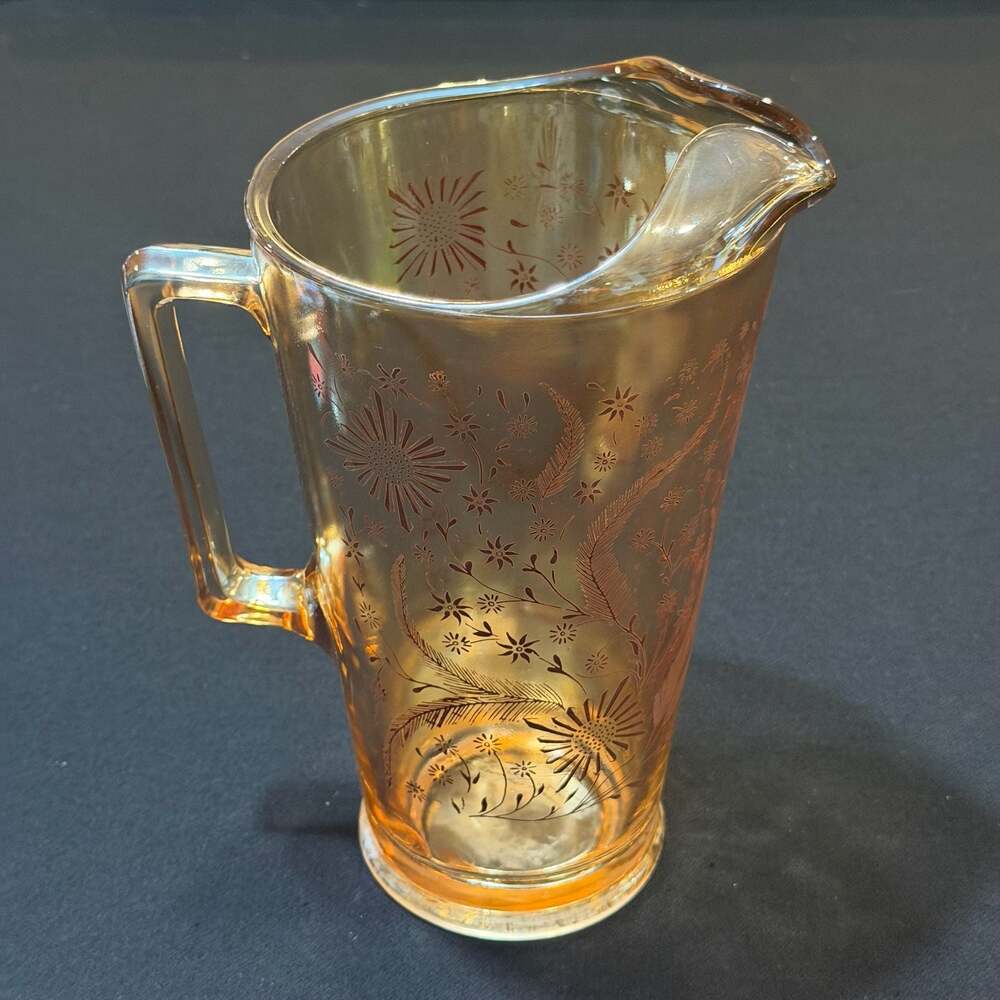 Vintage Jeannette Marigold Carnival Glass Floral Pattern Pitcher